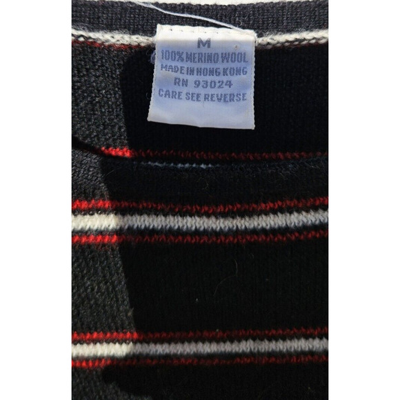 Vintage 90s Sweater Womens Medium Black Red Striped Merino Wool Preppy Academia - Picture 4 of 7